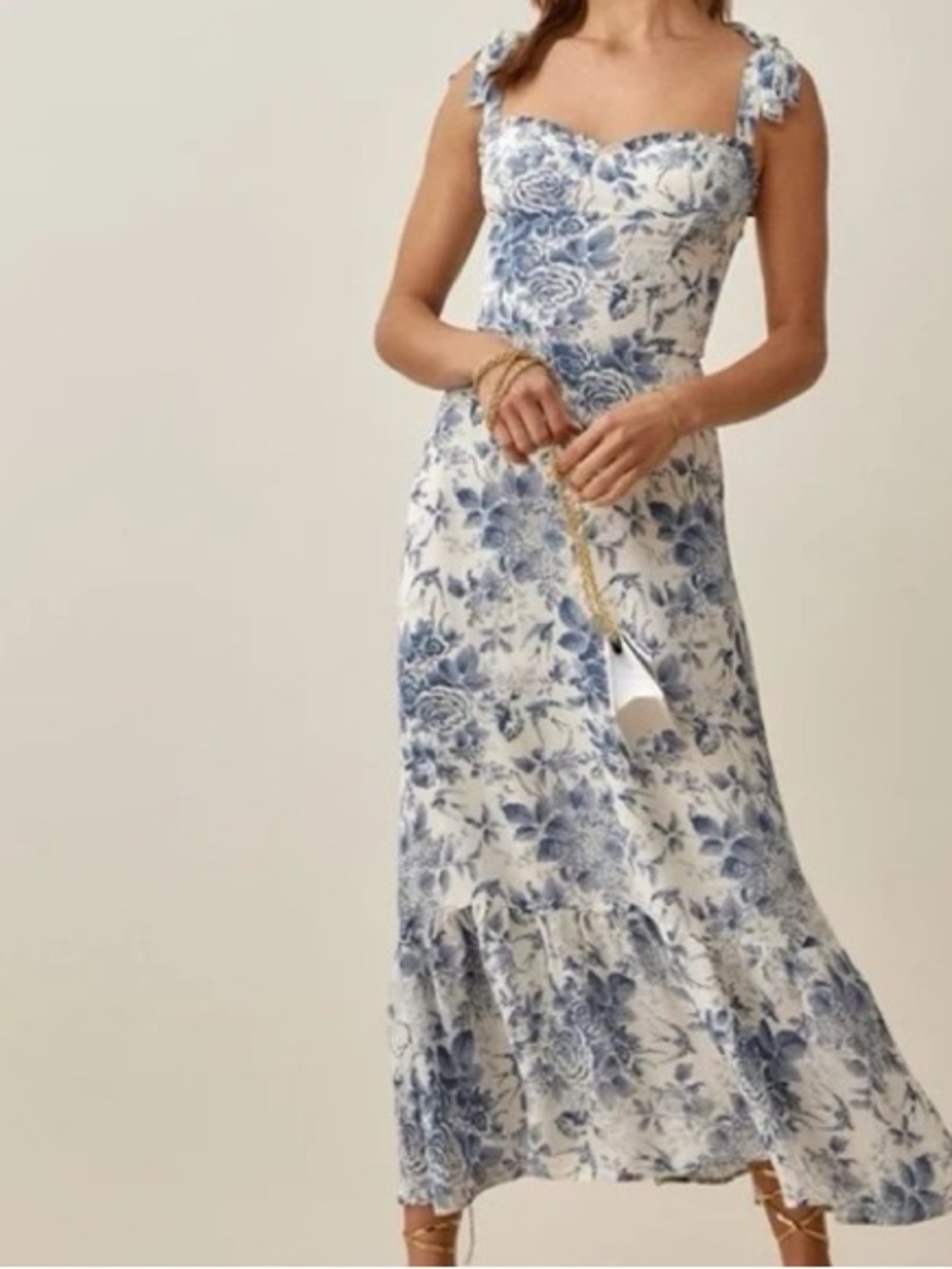 Reformation Women’s Nikita Dress Midi Blue Floral Size 6 Tie Straps Cottagecore